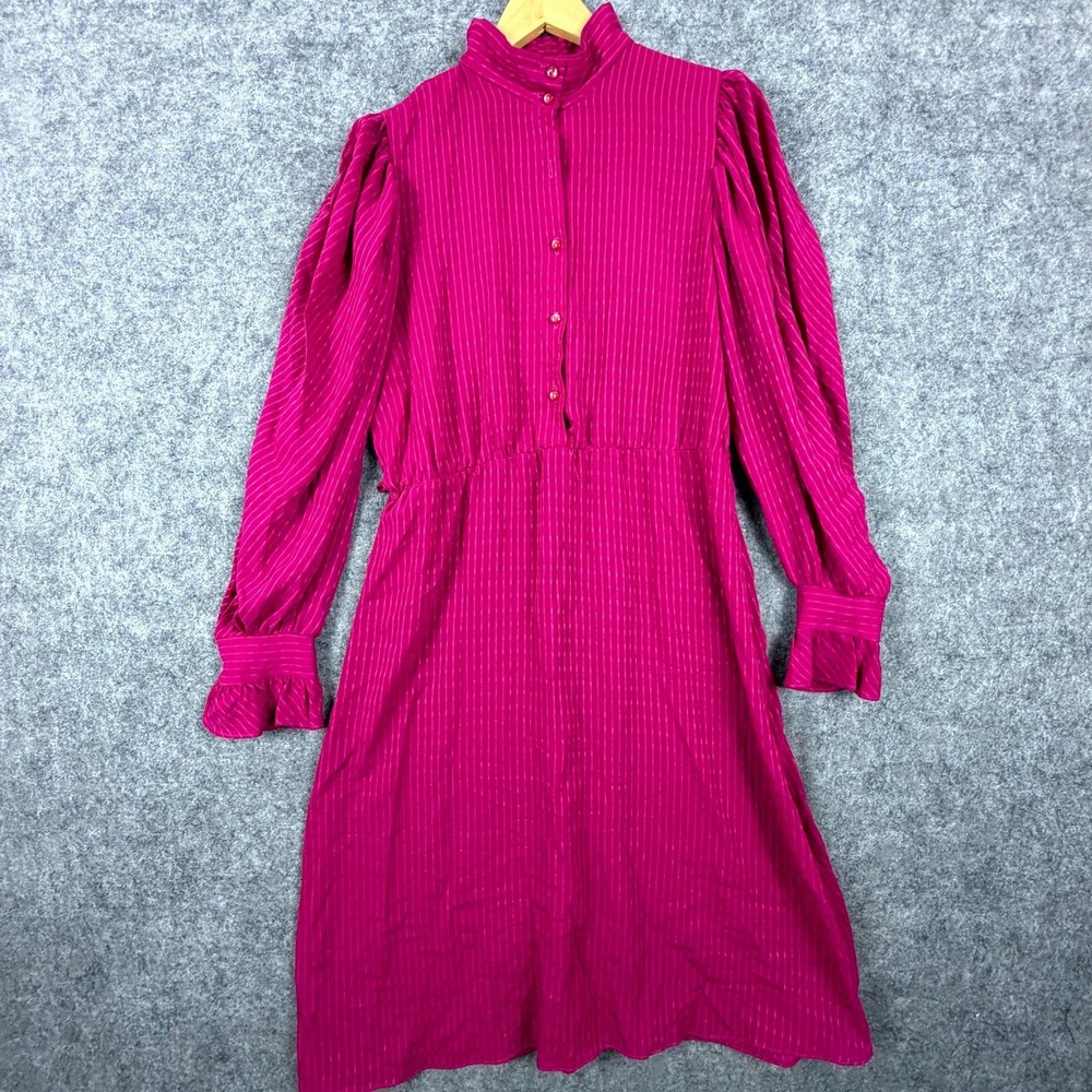 Vintageโ Womens Shirt Dress 14P Magenta Pink Striped Mock Neck 80s 90s Secretary